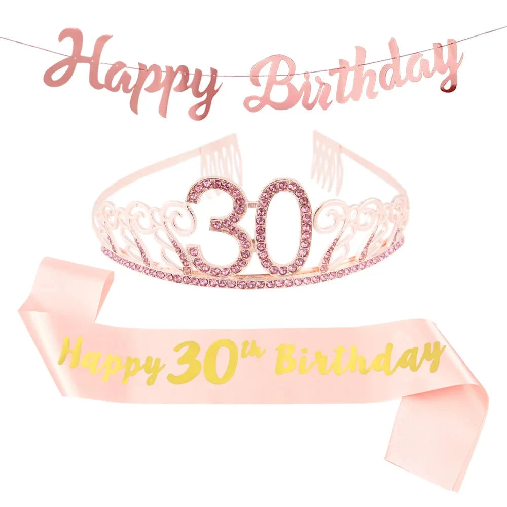 Happy Birthday Banner Pull Flag Rose Gold Crown Strap For 18 Year Old 3 Piece Birthday Party Decorations Good Vibrations