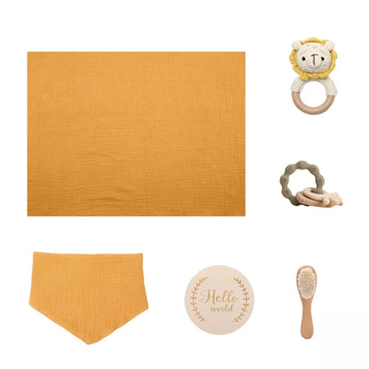1Set Baby Bath Toy Set Food Grade Silicone Teether Toys Wooden Ring Crochet Rattle Milestones Card Bath Brush For Newborn Gift Good Vibrations
