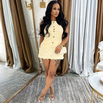 Elegant Club Outfits for Women Two Piece Set Spring Summer Sleeveless Single-breasted Top and Floral Mini Skirt Matching Sets Good Vibrations