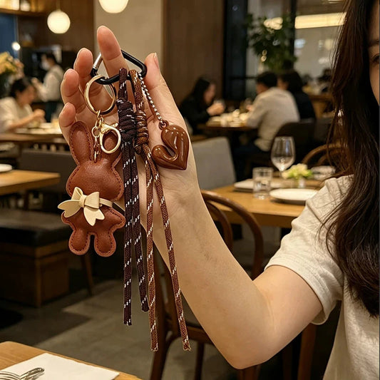New PU Leather Bunny Keychain Heart Decoration Key Holders Hanging Charm Solid Color Bag Pendant Accessories Gift Good Vibrations