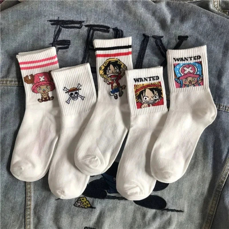 5Pair Anime One Piece Socks Cartoon Luffy Chopper Student Cotton White Long Short Boat Socks Printed Knitted Socks Children Gift Good Vibrations