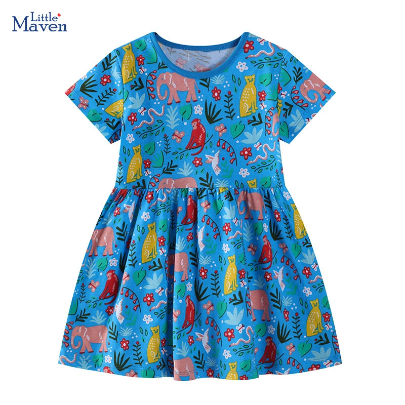Little maven 2025 Summer New Kids Clothes Baby Girls Children's Clothing Cartoon Animals Dresses 2-7 Years Good Vibrations