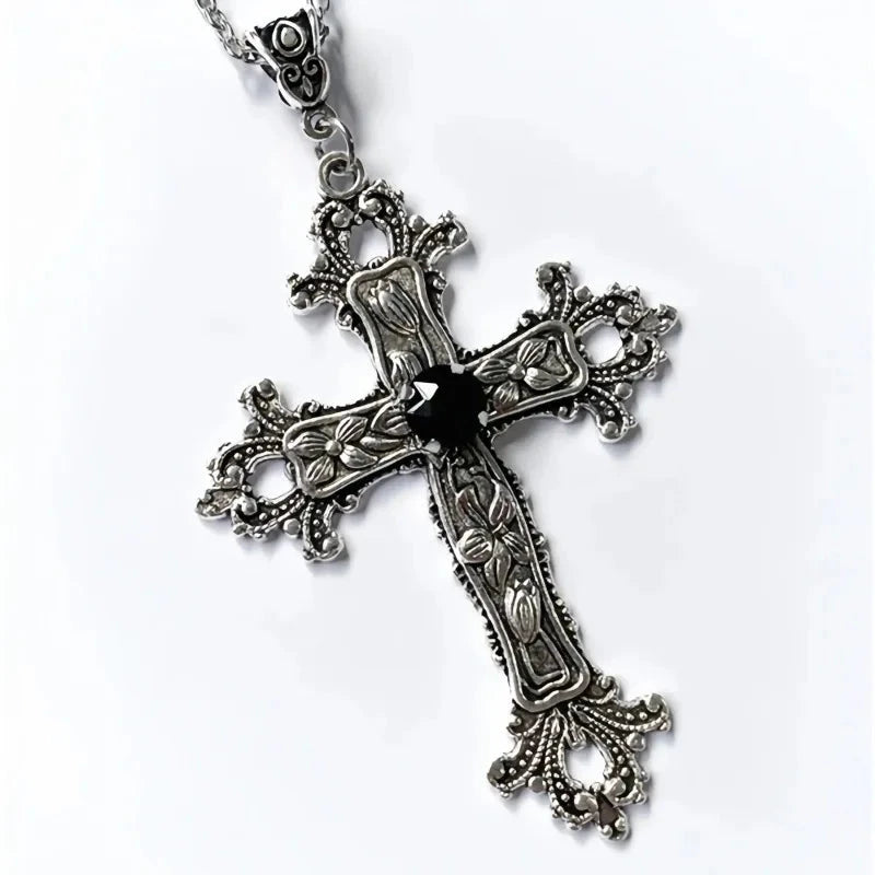 Gothic Irregular Cross Clavicle Chain Necklaces Y2K Punk Crystal Big Cross Pendant Necklaces for Women Men Aesthetic Jewelry Good Vibrations