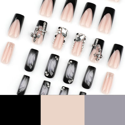 24pcs Glossy Black Fake Nails For Spicy Girls Shimmery Rhinestone French Style Cross Press On Nail Mid-length Coffin Cool Nails Good Vibrations