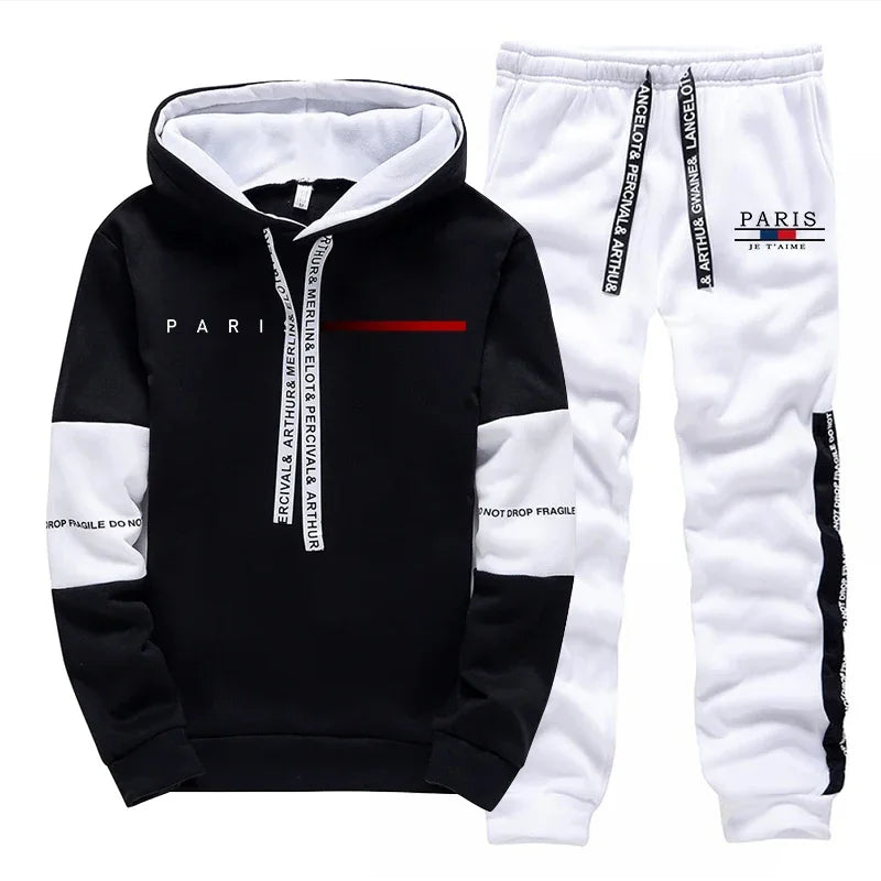 2025 Trendy Paris Print Hooded Tracksuit Men Winter Autumn Casual Jogging Outfit Athletic Sportswear Sweatpants Men's Clothes Good Vibrations