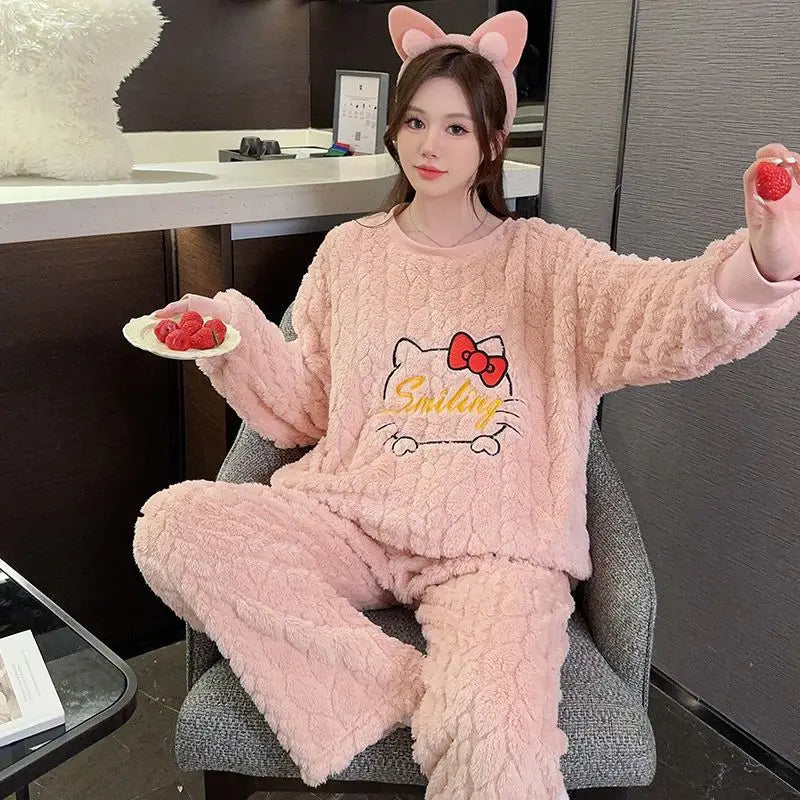Thickened Cute Cartoon Sleepwear Set for Women Warm Home Clothes plus Size Long Sleeve round Neck Comfortable Polyester Fiber Good Vibrations