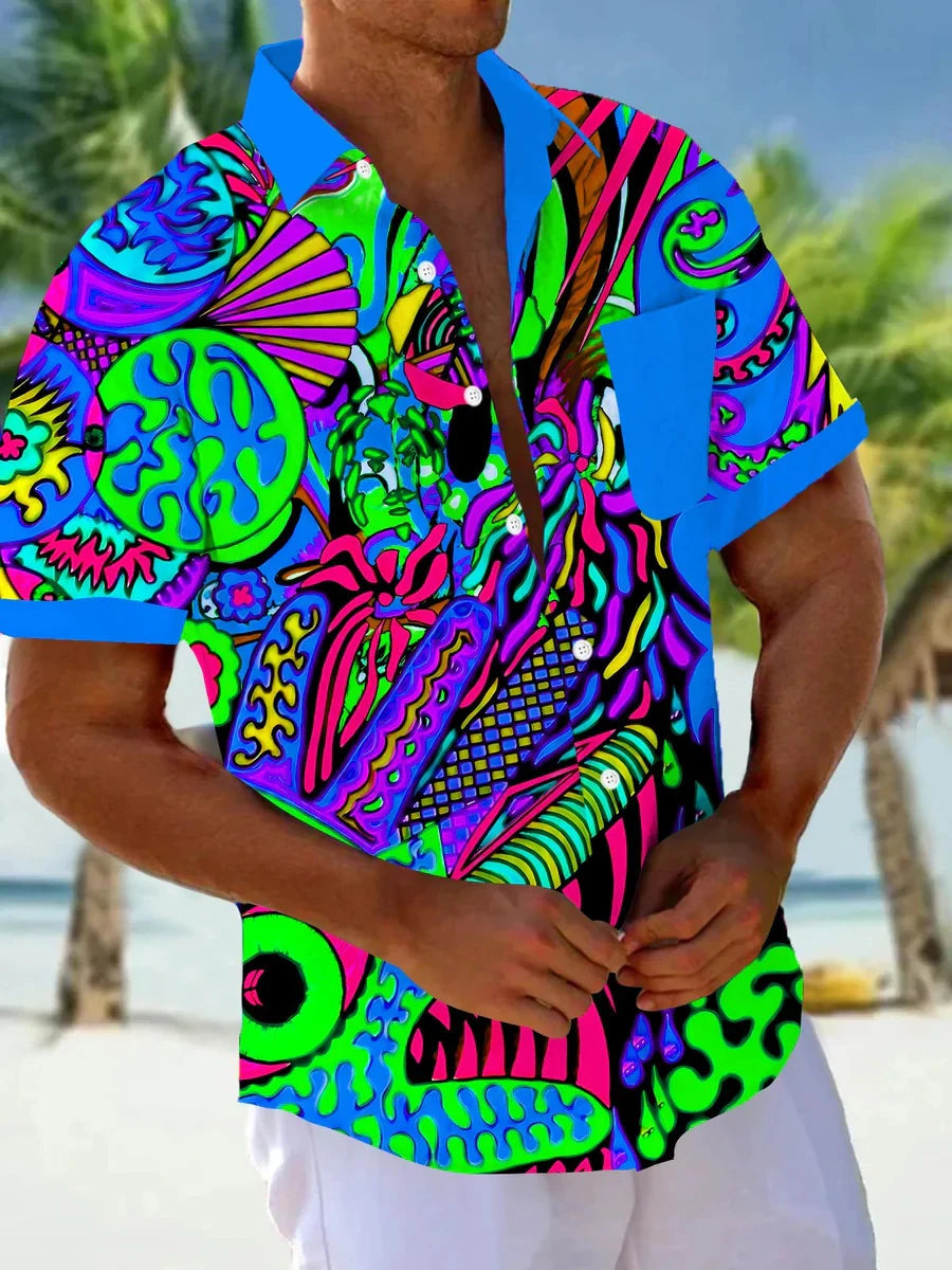 Men's Short Sleeve Shirt Art Painting Abstract Cartoon Print Summer Button Shirt Camping Shirt Short Sleeve Men's Casual Shirt Good Vibrations