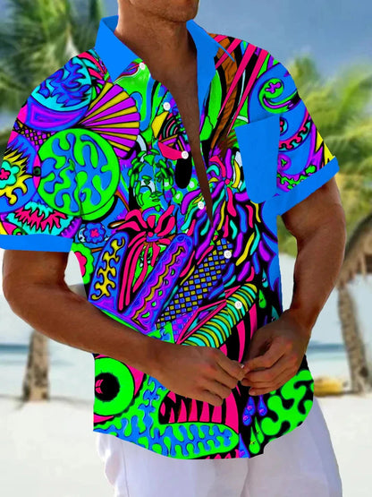 Men's Short Sleeve Shirt Art Painting Abstract Cartoon Print Summer Button Shirt Camping Shirt Short Sleeve Men's Casual Shirt Good Vibrations