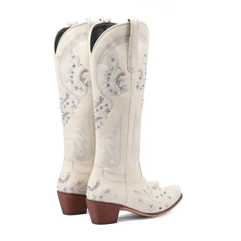Western Cowboy Knee High Boots for Women Embroidery Flower Rhinestone White Brown Round Toe High Heels Retro Cowgirl Long Boots Good Vibrations