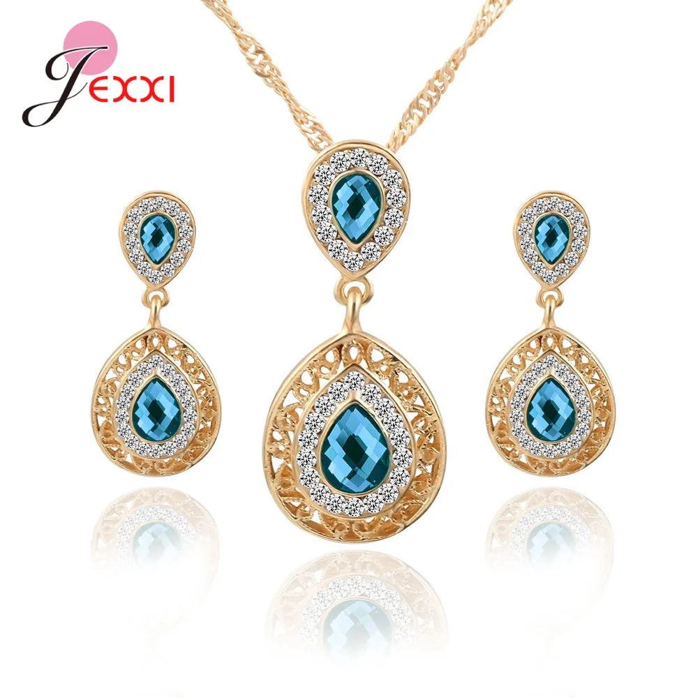 Brand Wedding Party Women Gold Color Jewelry Sets Waterdrop Necklaces piercing Drop Earrings Opal Stone Bijoux Good Vibrations Adult Super Store