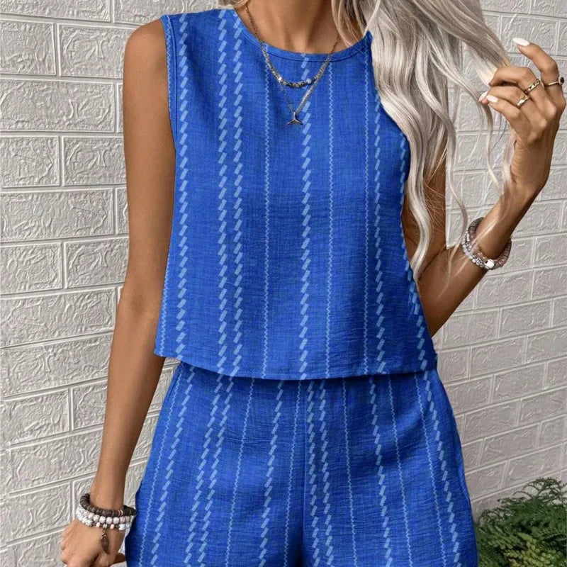 Women's Two Piece Sets 2025 Summer Casual Loose Crafts Striped Printed Sleeveless Vest Shorts 2-piece Set Suit Women Streetwear Good Vibrations