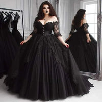 Black Wedding Dresses Half Sleeve Vintage Wedding Dress Elegant Boat Neck Weding Party Dress Formal Ball Gown Customized Good Vibrations