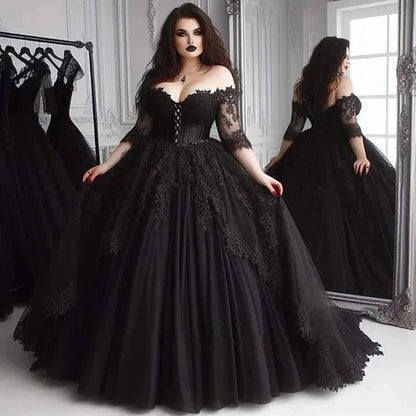 Black Wedding Dresses Half Sleeve Vintage Wedding Dress Elegant Boat Neck Weding Party Dress Formal Ball Gown Customized Good Vibrations