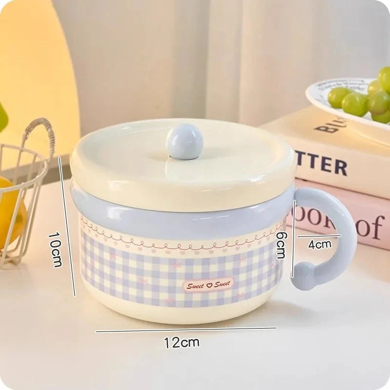 Cute Stainless Steel Ramen Bowl With Lid Kawaii Large Instant Noodles Fruit Salad Rice Soup Bowl Kitchen Tableware Women Gift Good Vibrations