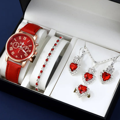Fashion quartz watch and jewelry set, shock resistant circular analog digital display, PU leather strap, zinc alloy case Good Vibrations