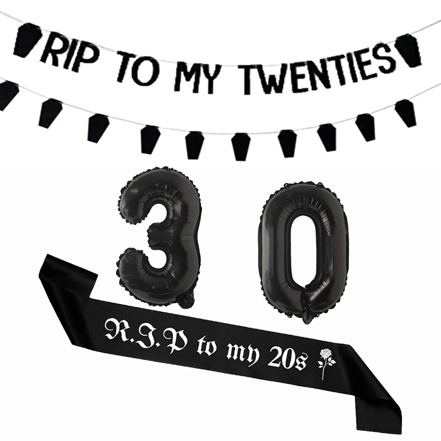 Black 30th Birthday Decorations Women or Men Death to My Twenties Banner Number 30 Balloons Rip to My Bitrthay Decorations Good Vibrations