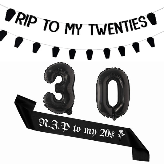 Black 30th Birthday Decorations Women or Men Death to My Twenties Banner Number 30 Balloons Rip to My Bitrthay Decorations Good Vibrations
