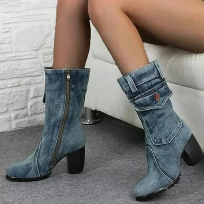 Cowboy Women's Boots 2024 Autumn and Winter New Pointed Denim Style Casual Temperament High Heels Single Shoes Zapatos De Mujer Good Vibrations