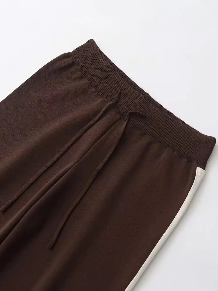 Women's Fashion Two-Piece Set with Side-Stripped Knit Sweater And High-Elastic Waist Straight Pants Female Casual Outfit Good Vibrations