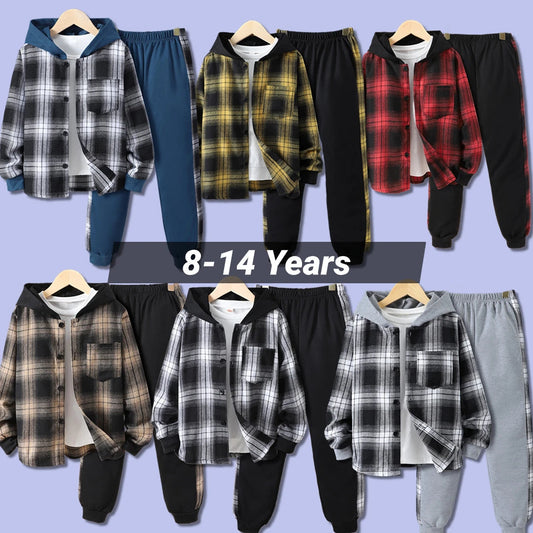 Kids Boys' Autumn Casual Checker Hoodie Set Shirt Suit Soft Ventilate Fashion Boys Suit Plaid Children's Clothing Set Good Vibrations