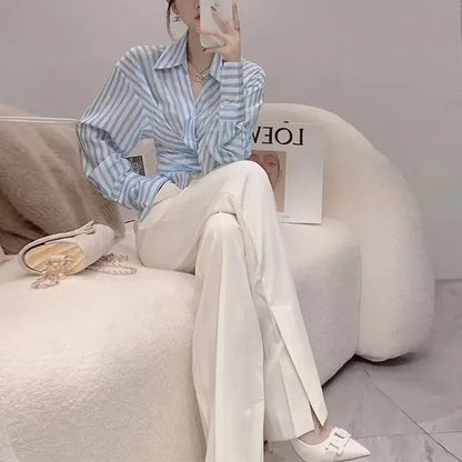 Women's Pants Two Piece Set Holiday Outfits Ladies Trouser Shirt Blue Blouse and Spring Autumn Stripe Aesthetic Groups of Co Ord Good Vibrations