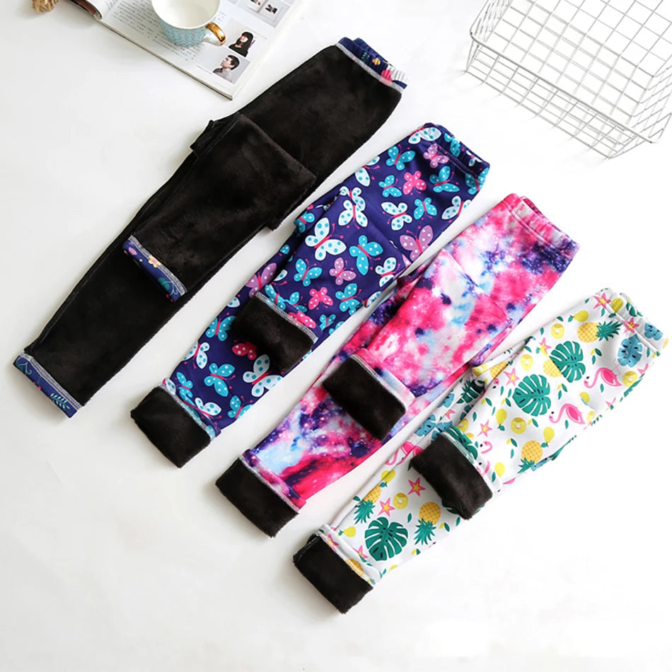 Girls Warm Plush Long Pants for Autumn Spring Cartoon Butterfly Striped Soft Cozy Leggings Fleece-Lined Bottoms Kids Casual Wear Good Vibrations