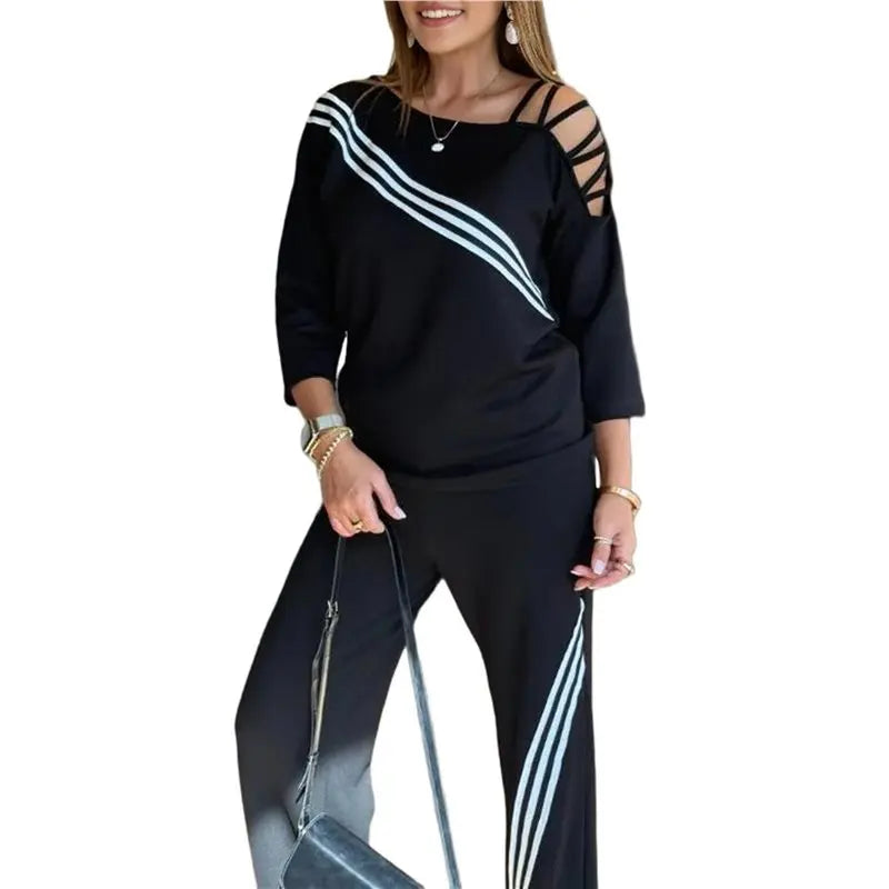 Women's Ribbed Tracksuit Set Long Sleeve Round Neck Top With Wide Leg Athletic Pants Outfit - Good Vibrations