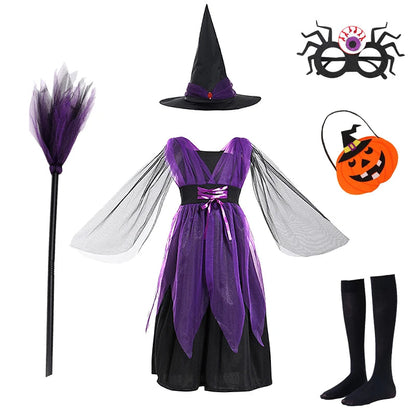 Halloween Costume for Girls Witch Vampire Carnival Party Dress Up Trappings Kids Cosplay Clothes Purple Bat Suit Holiday Gifts Good Vibrations