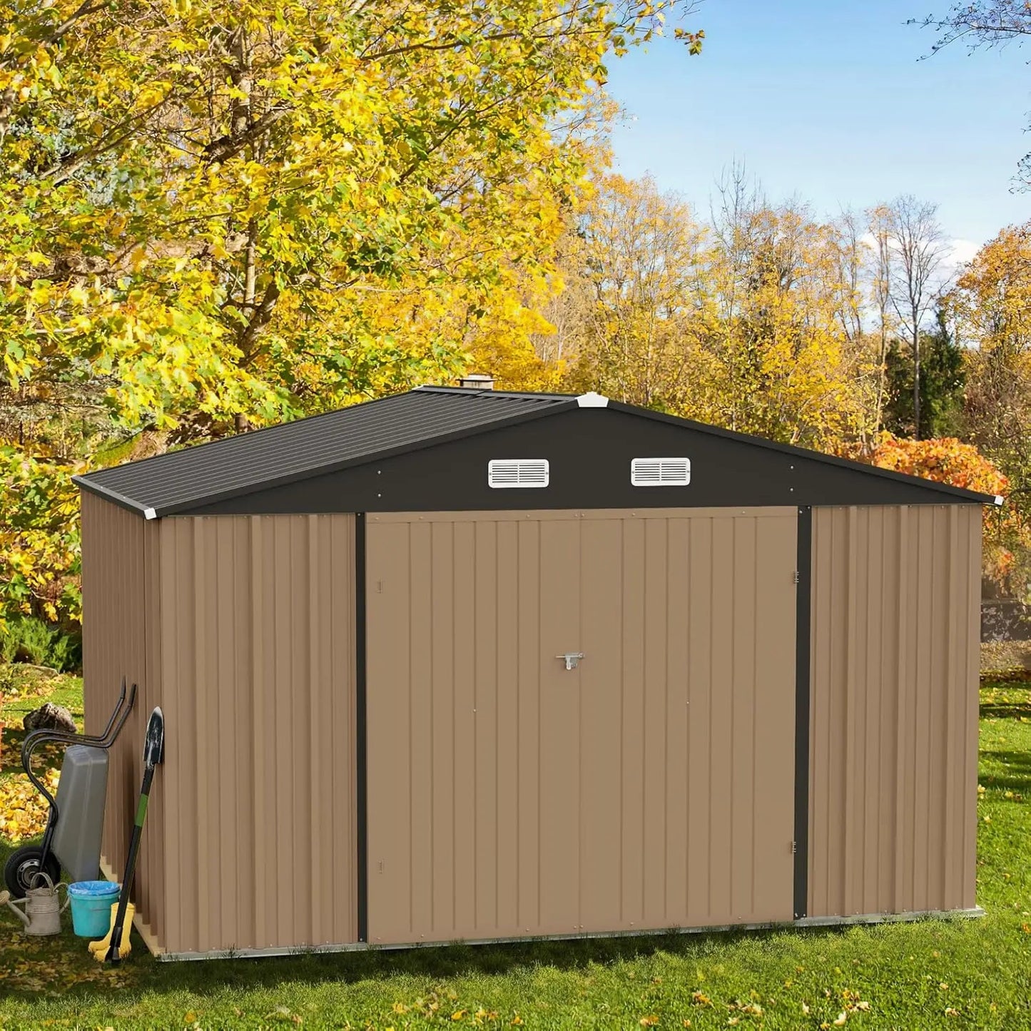10x8 Foot Outdoor Metal Storage Shed with Lockable Door - Waterproof Garden Shed for Backyard and Patio Tools Good Vibrations