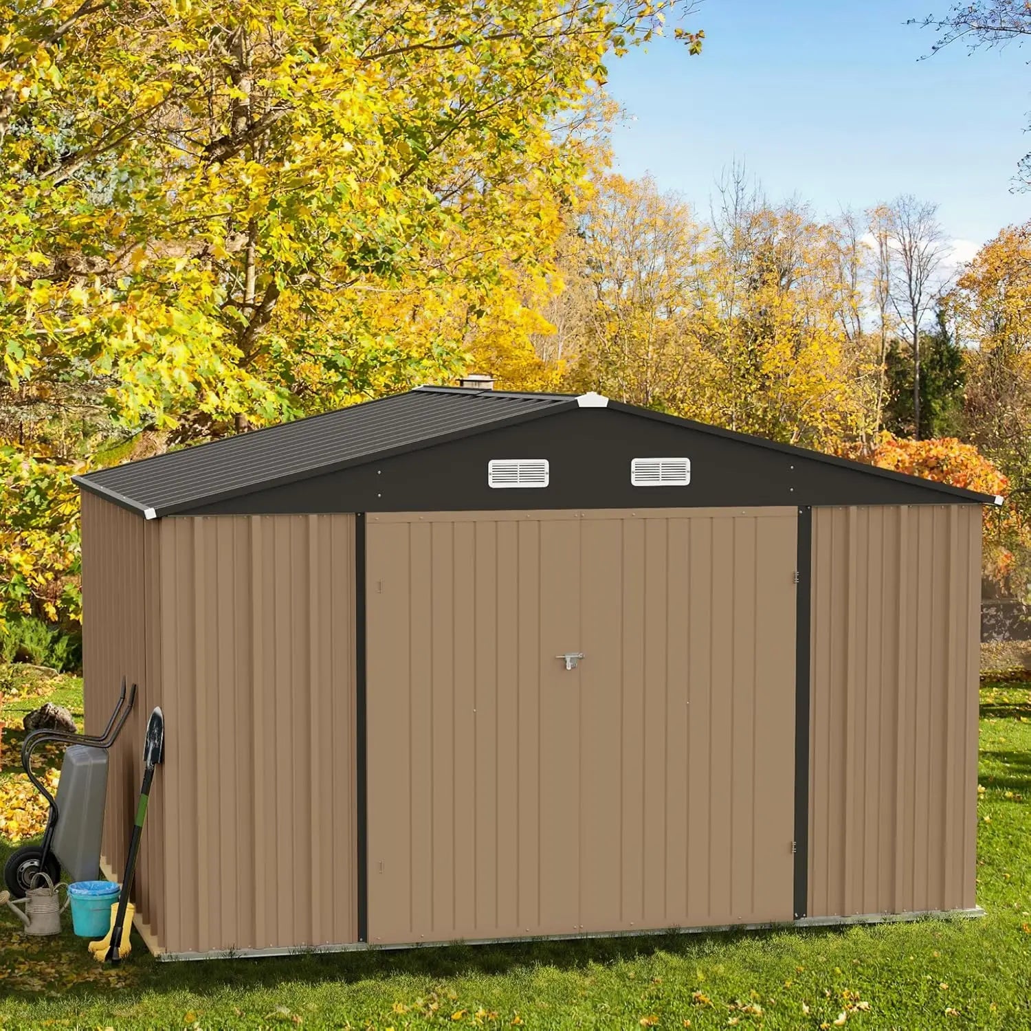 10x8 Foot Outdoor Metal Storage Shed with Lockable Door - Waterproof Garden Shed for Backyard and Patio Tools Good Vibrations