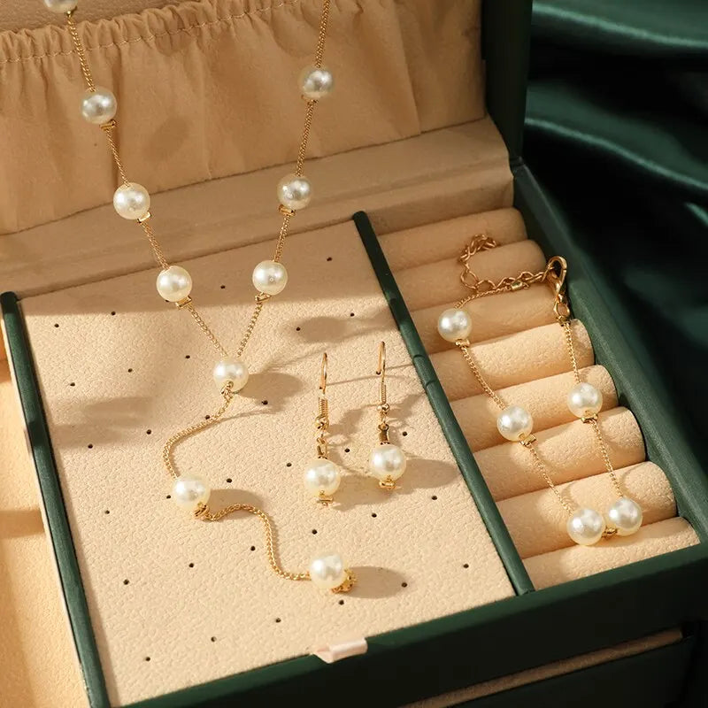 4pcs Gold-color Necklace Earring Bracelet Set Ladies Elegant Imitation-Pearls Collection Temperament Tassel Jewelry Good Vibrations Adult Super Store