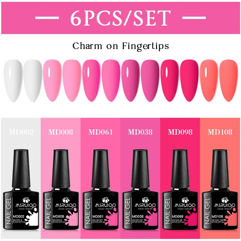MSRUIOO 6pcs Nude Pink Gel Nail Polish Set Glitter Colorful Semi Permanent UV Gel Kits DIY Nail Art Painting Varnish Manicure Good Vibrations