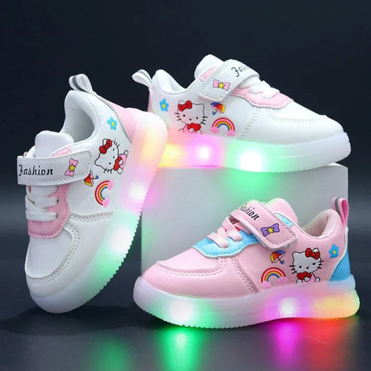 Spring Autumn Baby Girls Hello Kitty Led Light Shoes Children's Sneakers Toddler Anti-slip Walking Shoes Girls Outdoor Shoes Good Vibrations