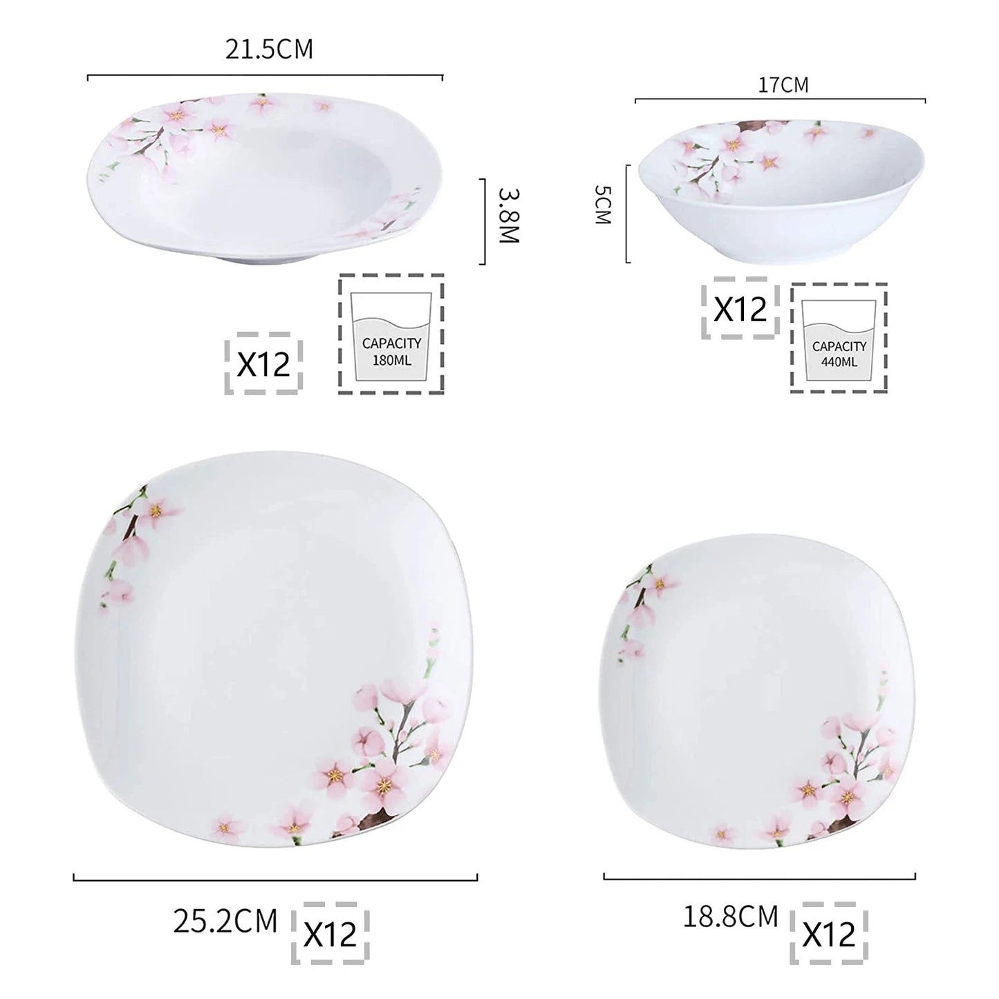 VEWEET ANNIE 48-Piece Porcelain Ceramic Tableware Dinner Plate Set with Bowl,Dessert Plate,Soup Plate,Dinner Plate for 12 Person Good Vibrations