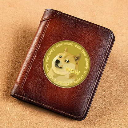High Quality Genuine Leather Men Wallets Golden Bitcoin Sign Printing Short Card Holder Purse Billfold Men's Wallet BK1003 Good Vibrations