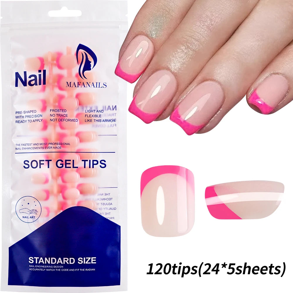 120pcs Pink French Tip Press-On Nails Medium Length Square Shape With Glossy Finish False Nails Full Cover Pre-Shaped Fake Nails Good Vibrations