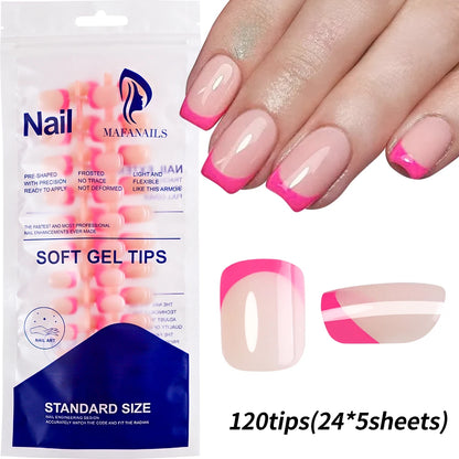 120pcs Pink French Tip Press-On Nails Medium Length Square Shape With Glossy Finish False Nails Full Cover Pre-Shaped Fake Nails Good Vibrations