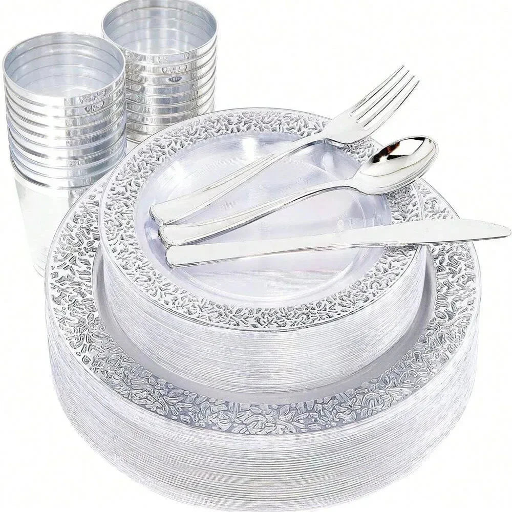 Reusable Silver Plastic Cutlery Set, Including Plates, Knives, Forks, and Spoons, Manually Washable Good Vibrations