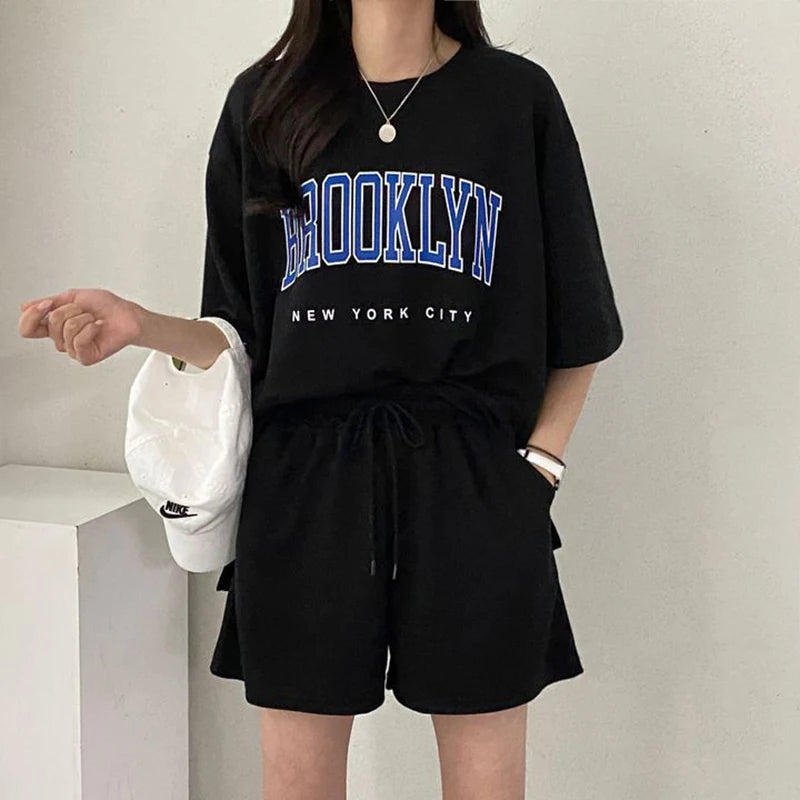 Two Piece Shorts Sets T Shirt Top Shorts Casual Suits 2025 Summer Female Short Sleeve Sporty Outfit Cotton Suit Women Clothing Good Vibrations