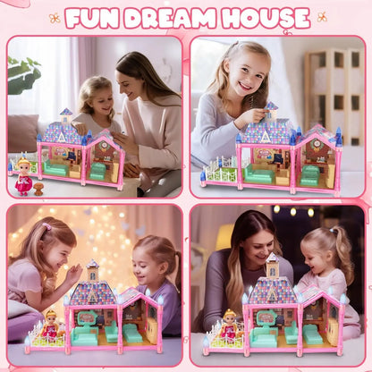Luminous Doll House Dreamhouse for Girls Princess Playhouse Set with Dolls Furniture Accessories Pretend Play Birthday Gifts Good Vibrations