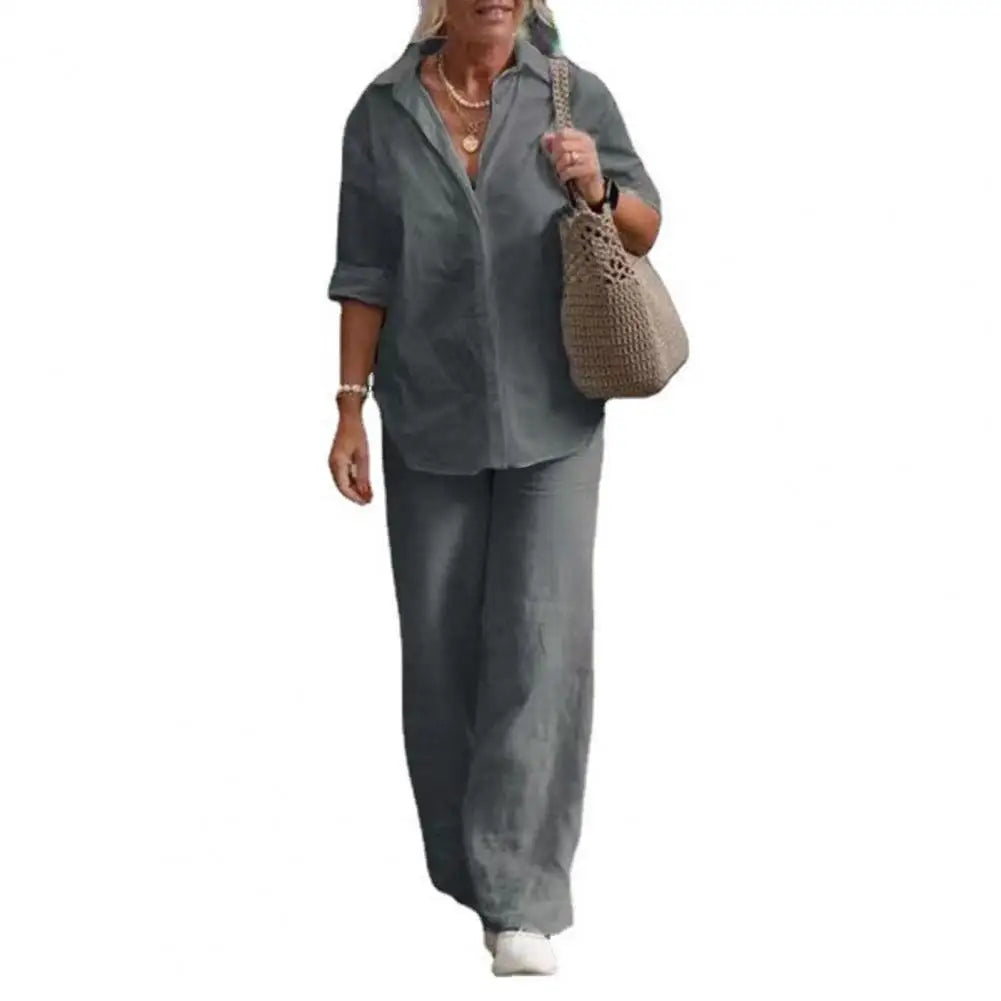 Two-piece Set Women Summer Suit Plus Size Cotton Linen Single-breasted Shirt Trousers Casual Top Wide Leg Pants Loose Outfits Good Vibrations