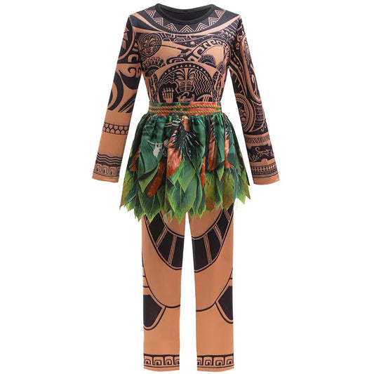 Disney Moana 2 Maui Cosplay Jumpsuits Tattoo Costume Boys Girls Maui Print Leaf Suits Movie Character Halloween Costume 2-10Yrs Good Vibrations