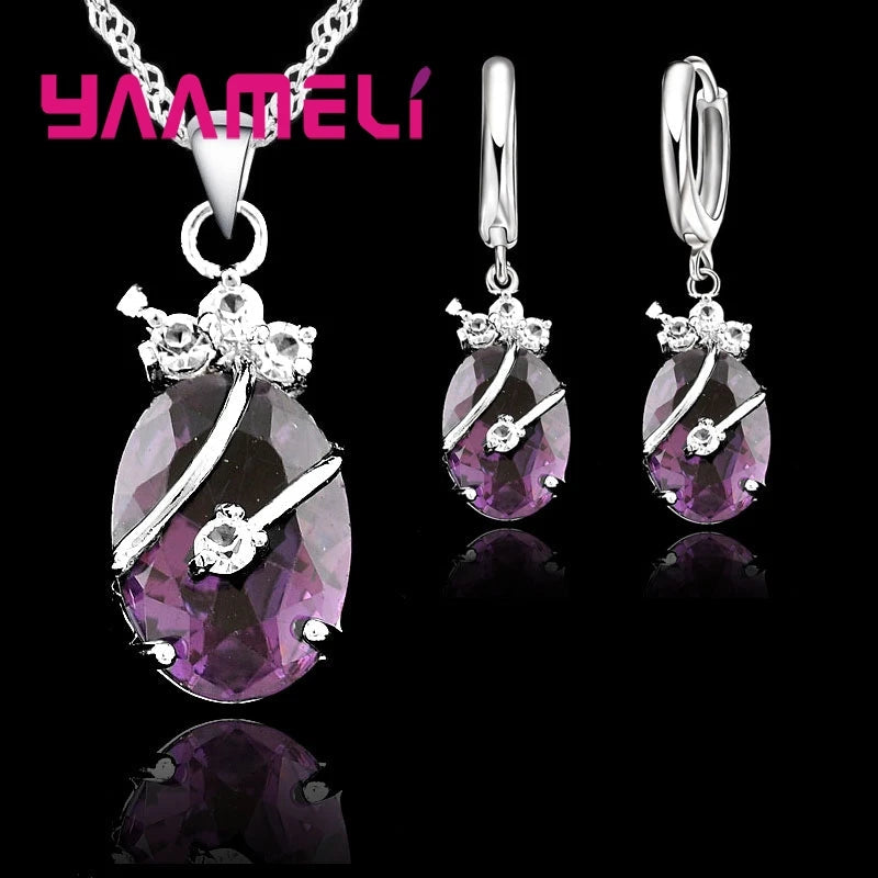 New Fashion Vintage Jewelry Sets For Women 925 Sterling Silver Crystal Stone Pendant Charms Wedding Necklace Hoop Earrings Good Vibrations Adult Super Store