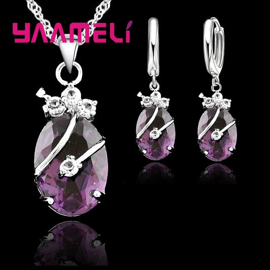 New Fashion Vintage Jewelry Sets For Women 925 Sterling Silver Crystal Stone Pendant Charms Wedding Necklace Hoop Earrings Good Vibrations Adult Super Store