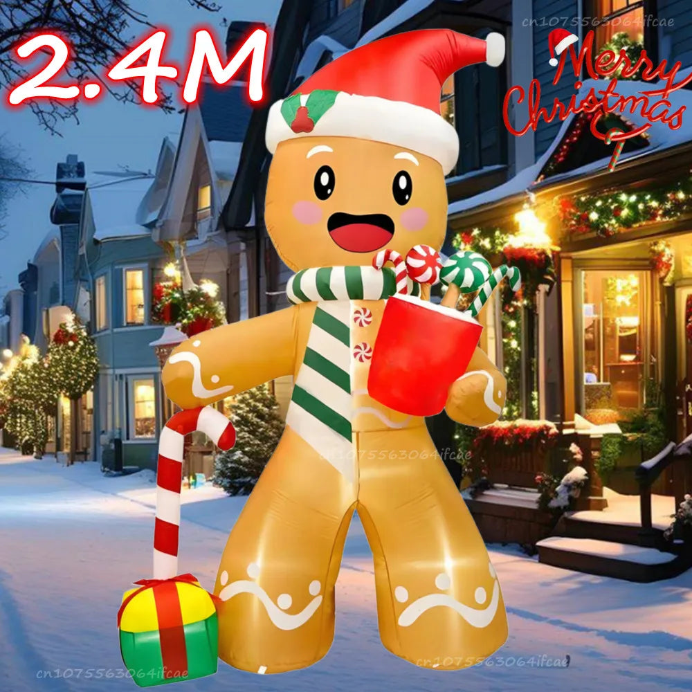2.4M Christmas Inflatables Gingerbread Man Gift Pack Candy Built-in LED Lights Model Outdoor Ornament Party Garden Decor Prop Good Vibrations