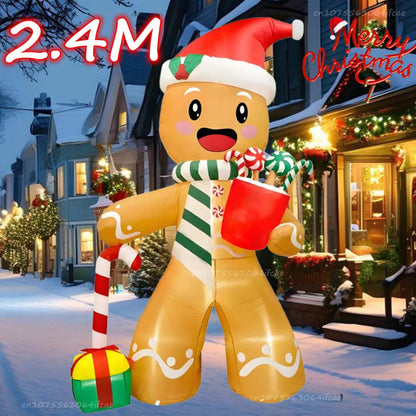 2.4M Christmas Inflatables Gingerbread Man Gift Pack Candy Built-in LED Lights Model Outdoor Ornament Party Garden Decor Prop Good Vibrations