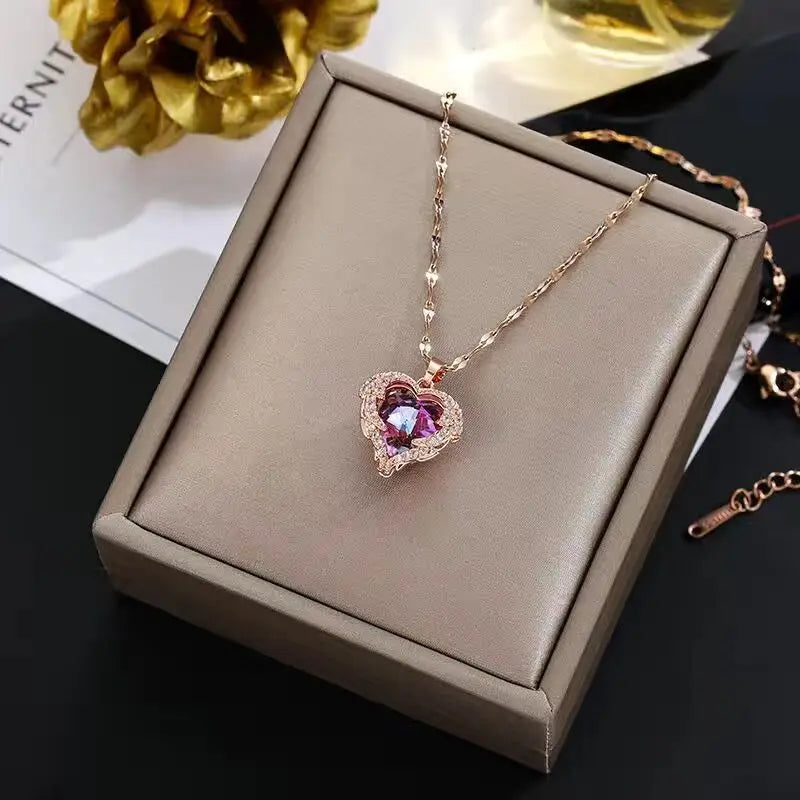 Top Luxury Colorful Crystal Ocean Heart Pendant Necklace For Women Trendy 316L Stainless Steel Jewelry Female Wedding Neck Chain Good Vibrations