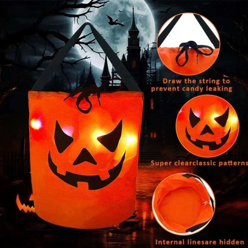 1-20PC LEDLight Up Halloween Pumpkin Candy Tote Bag Basket for Kids Trick or Treat Party Bucket for Holiday Event Decoration Use Good Vibrations