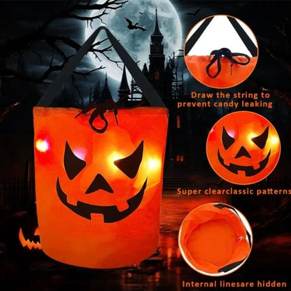 1-20PC LEDLight Up Halloween Pumpkin Candy Tote Bag Basket for Kids Trick or Treat Party Bucket for Holiday Event Decoration Use Good Vibrations