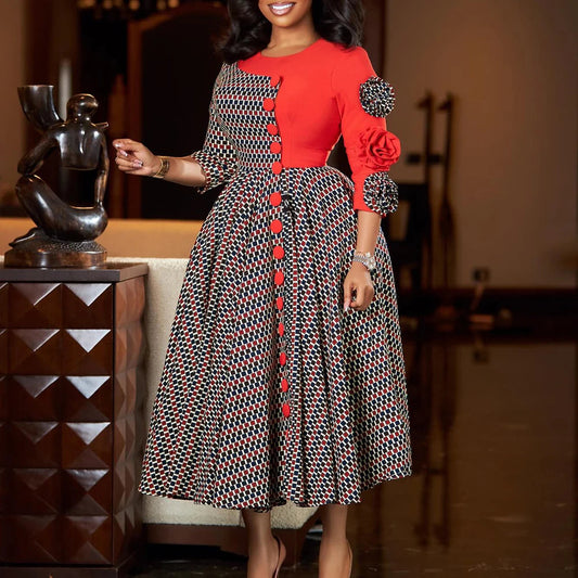 Elegant Dresses for Women 2025 Fall Fashion African 3/4 Sleeve Party Birthday New Robe Chic 3D Flower Plaid Evening A-Line Dress Good Vibrations